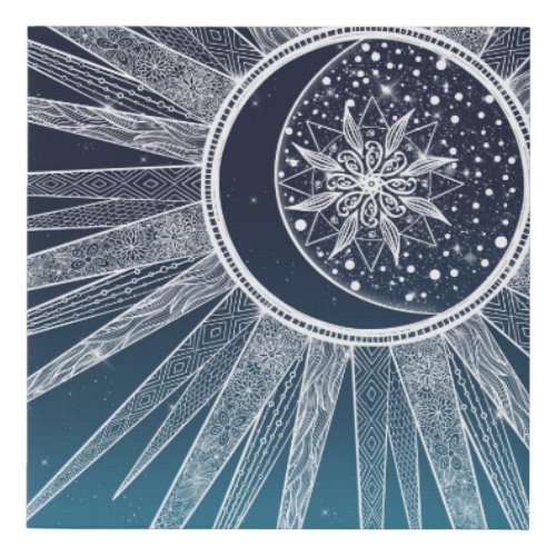 White Sun Moon Mandala Blue Gradient Design Faux Canvas Print