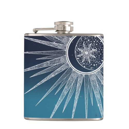 White Sun Moon Mandala Blue Gradient Design Flask