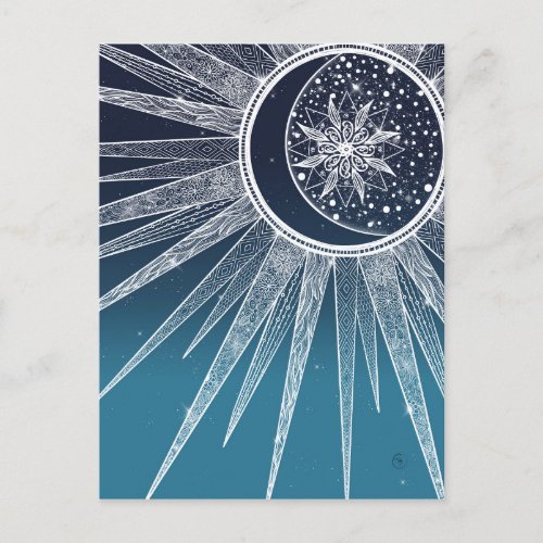 White Sun Moon Mandala Blue Gradient Design Holiday Postcard