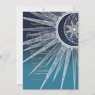 White Sun Moon Mandala Blue Gradient Design Invitation