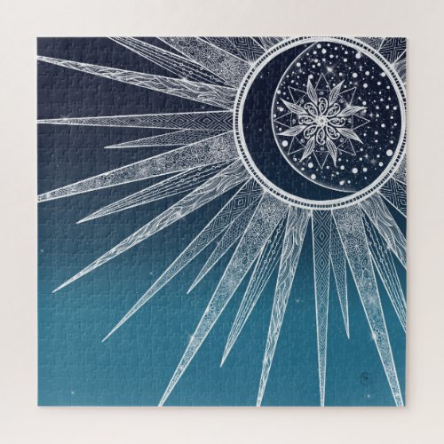 White Sun Moon Mandala Blue Gradient Design Jigsaw Puzzle