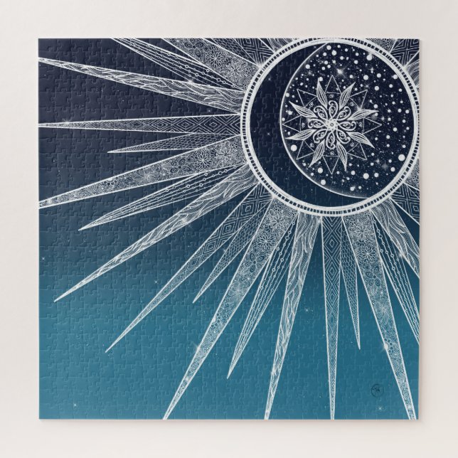 White Sun Moon Mandala Blue Gradient Design Jigsaw Puzzle (Vertical)