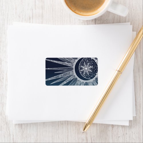 White Sun Moon Mandala Blue Gradient Design Label