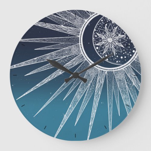 White Sun Moon Mandala Blue Gradient Design Large Clock