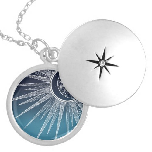 White Sun Moon Mandala Blue Gradient Design Locket Necklace