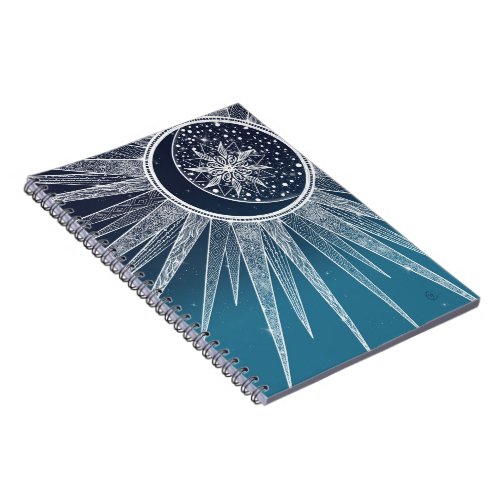 White Sun Moon Mandala Blue Gradient Design Notebook