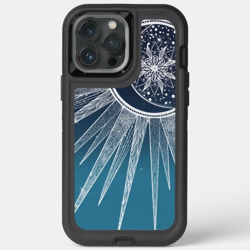 White Sun Moon Mandala Blue Gradient Design iPhone 13 Pro Max Case