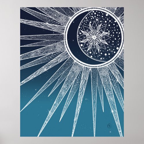 White Sun Moon Mandala Blue Gradient Design Poster