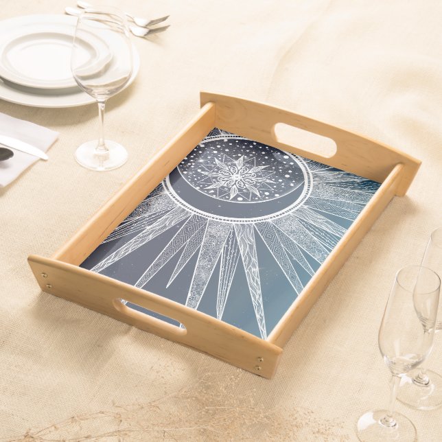 White Sun Moon Mandala Blue Gradient Design Serving Tray (Front)