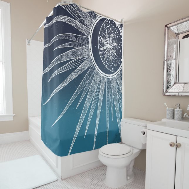 White Sun Moon Mandala Blue Gradient Design Shower Curtain (In Situ)