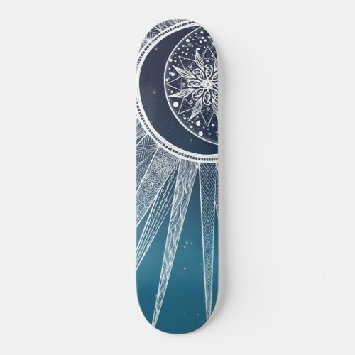 White Sun Moon Mandala Blue Gradient Design Skateboard