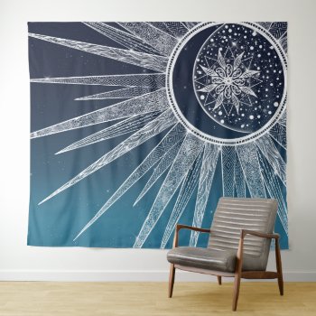 White Sun Moon Mandala Blue Gradient Design Tapestry by NdesignTrend at Zazzle