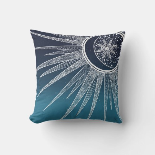 White Sun Moon Mandala Blue Gradient Design Throw Pillow