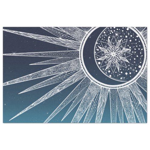 White Sun Moon Mandala Blue Gradient Design Tissue Paper