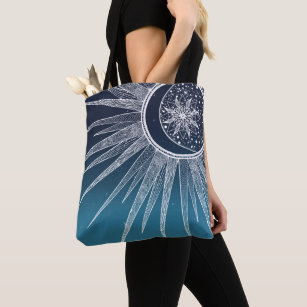 White Sun Moon Mandala Blue Gradient Design Tote Bag