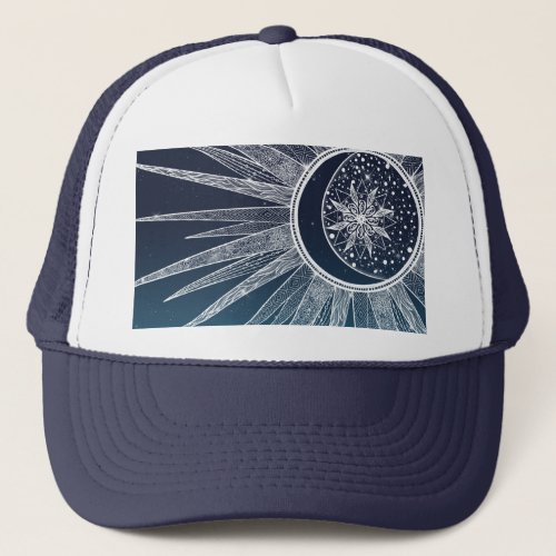 White Sun Moon Mandala Blue Gradient Design Trucker Hat