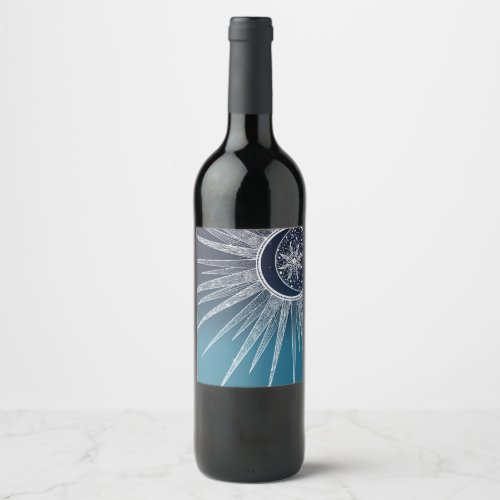 White Sun Moon Mandala Blue Gradient Design Wine Label