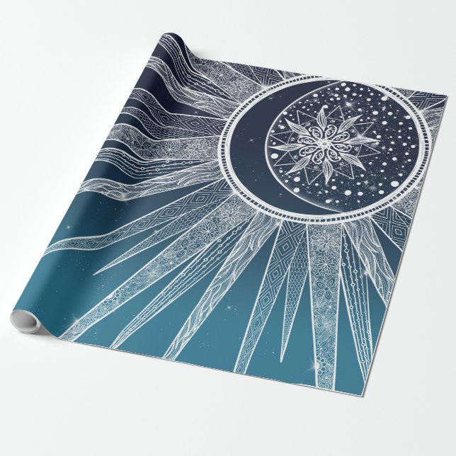 White Sun Moon Mandala Blue Gradient Design Wrapping Paper (Unrolled)