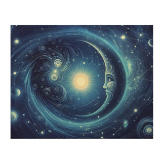 White Sun Moon Mandala Blue Gradient Tapestry Wall Wood Wall Art