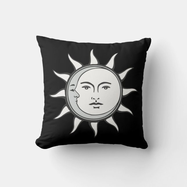 White Sun & Silver Moon on Black Throw Pillow (Front)