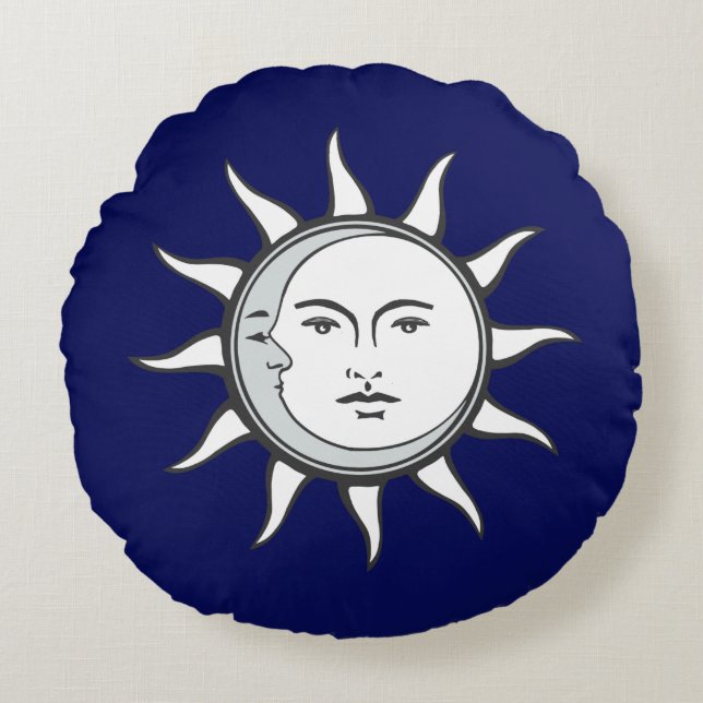 White Sun & Silver Moon on Navy Blue Round Pillow (Front)