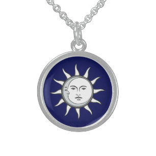 White Sun & Silver Moon on Navy Blue Sterling Silver Necklace