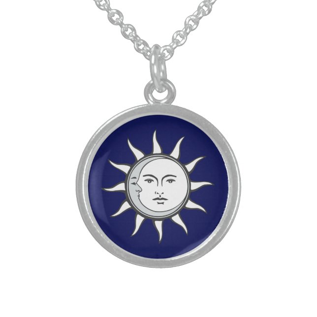 White Sun & Silver Moon on Navy Blue Sterling Silver Necklace (Front)