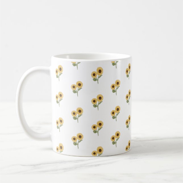 White Sunflower Floral Pattern Design Minimalist Coffee Mug (Left)