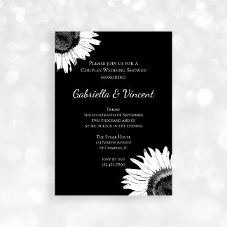 White Sunflower on Black Couples Wedding Shower Invitation
