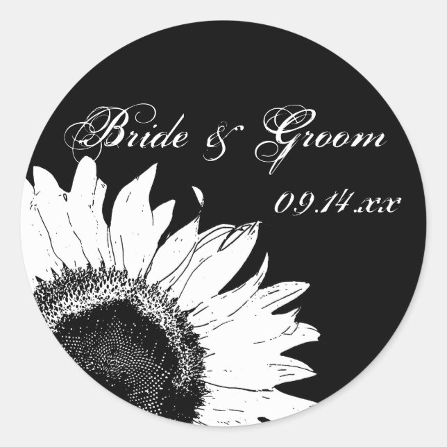 White Sunflower on Black Wedding Envelope Seals (Front)