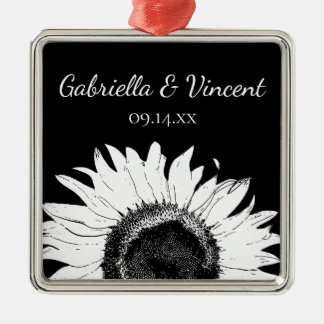 White Sunflower on Black Wedding Metal Ornament