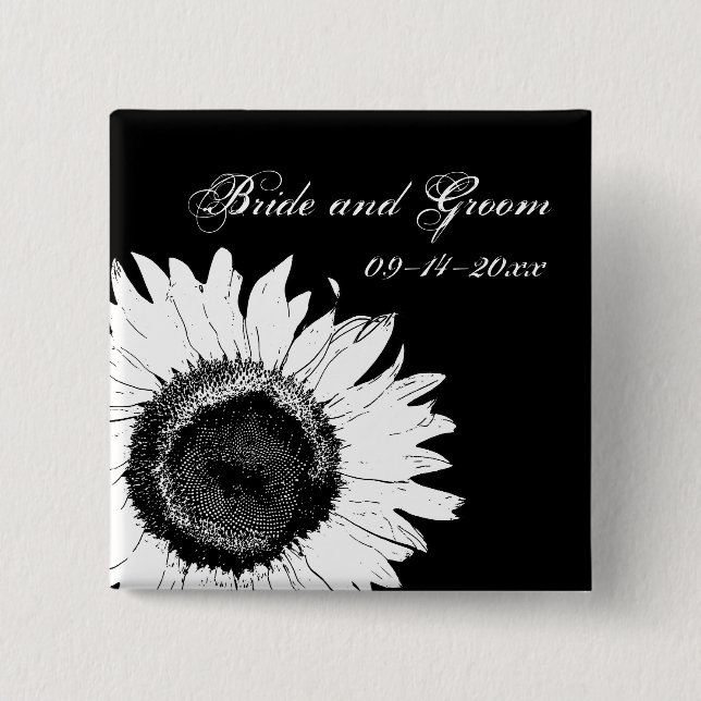 White Sunflower on Black Wedding Pinback Button (Front)