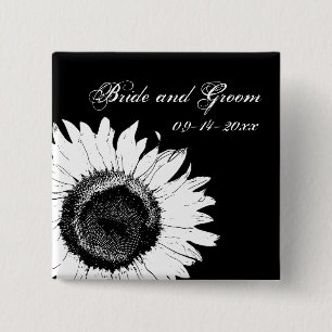 White Sunflower on Black Wedding Pinback Button