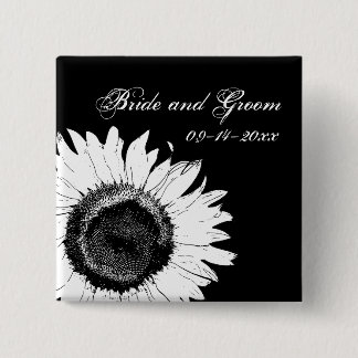 White Sunflower on Black Wedding Pinback Button