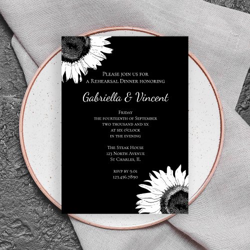 Black and White Sunflower Rehearsal Dinner Invite