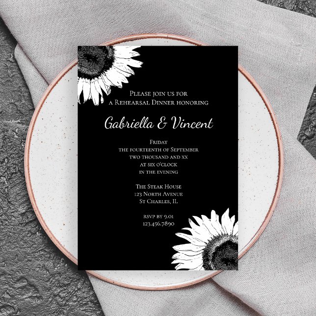 White Sunflower on Black Wedding Rehearsal Dinner Invitation (Creator Uploaded)
