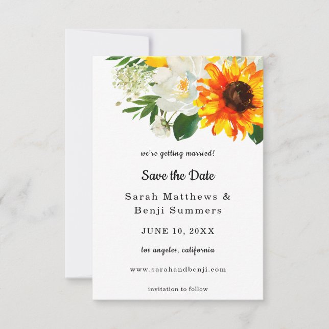 White Sunflower & White Floral Save The Date V2 (Front)