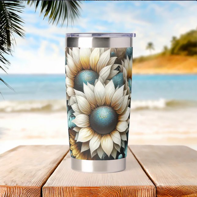White Sunflowers with Teal Centers | Insulated Tumbler (Creator Uploaded)