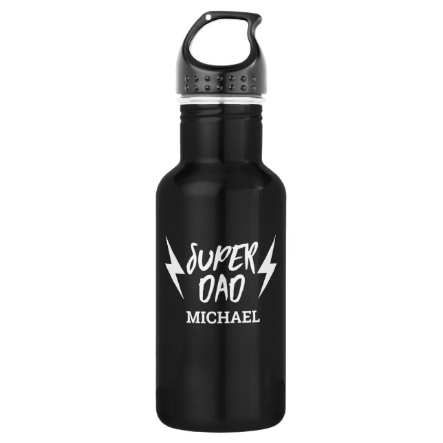 White Super Dad Lightning Bolt Rock'n Roll Script Water Bottle (Front)
