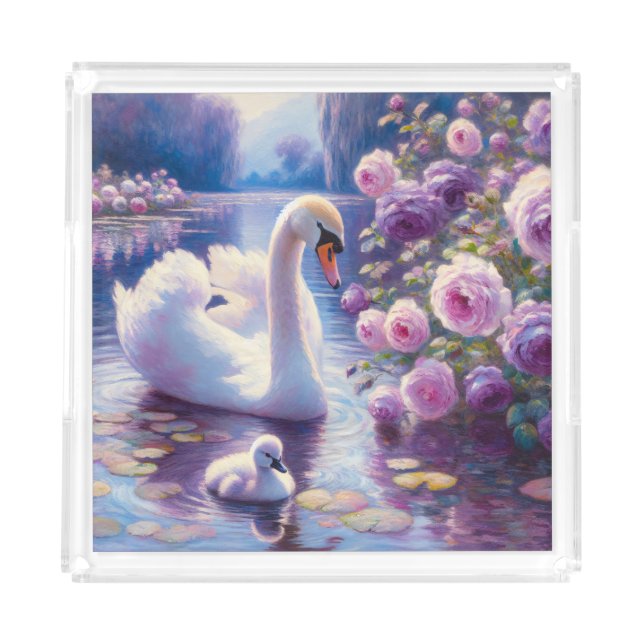 White Swan and Cygnet with Purple Roses Acrylic Tray (Front)