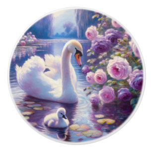 White Swan and Cygnet with Purple Roses Ceramic Knob