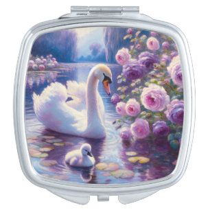 White Swan and Cygnet with Purple Roses Compact Mirror