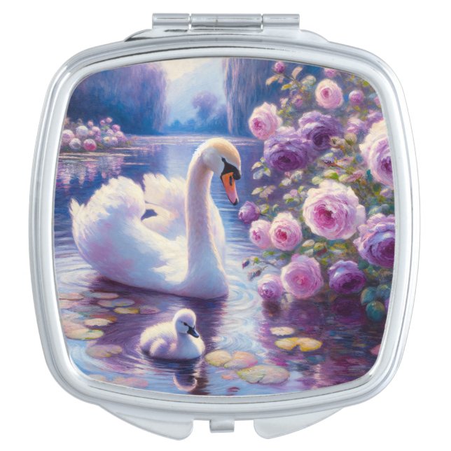 White Swan and Cygnet with Purple Roses Compact Mirror (Front)