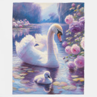 White Swan and Cygnet with Purple Roses