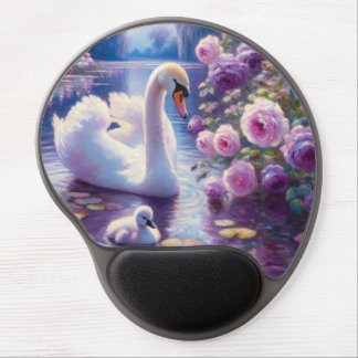 White Swan and Cygnet with Purple Roses Gel Mouse Pad
