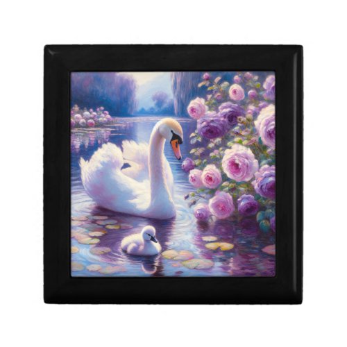 White Swan and Cygnet with Purple Roses Gift Box