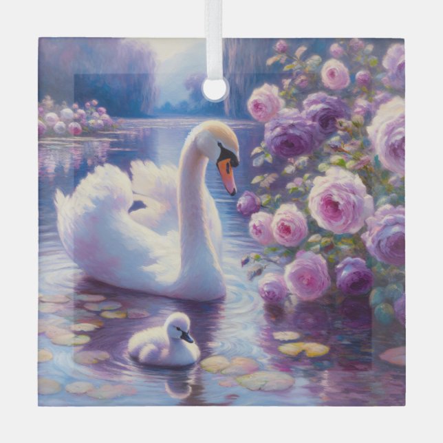 White Swan and Cygnet with Purple Roses Glass Ornament (Front)