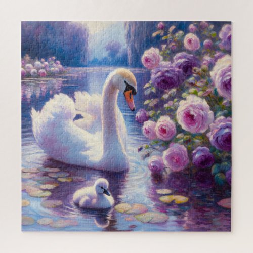 White Swan and Cygnet with Purple Roses Jigsaw Puzzle