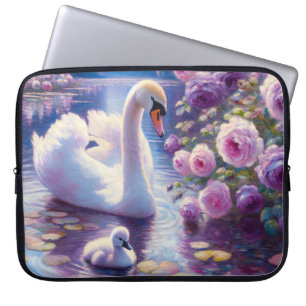 White Swan and Cygnet with Purple Roses Laptop Sleeve