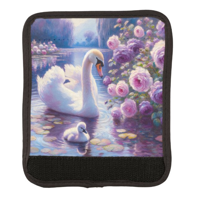 White Swan and Cygnet with Purple Roses Luggage Handle Wrap (Front)